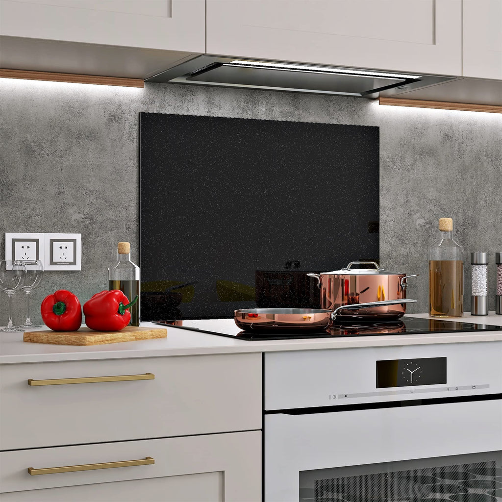 BELOFAY Black Sparkle Tempered Glass Splashback for Kitchen with 6mm Toughened Glass (ADHESIVE INCLUDED)