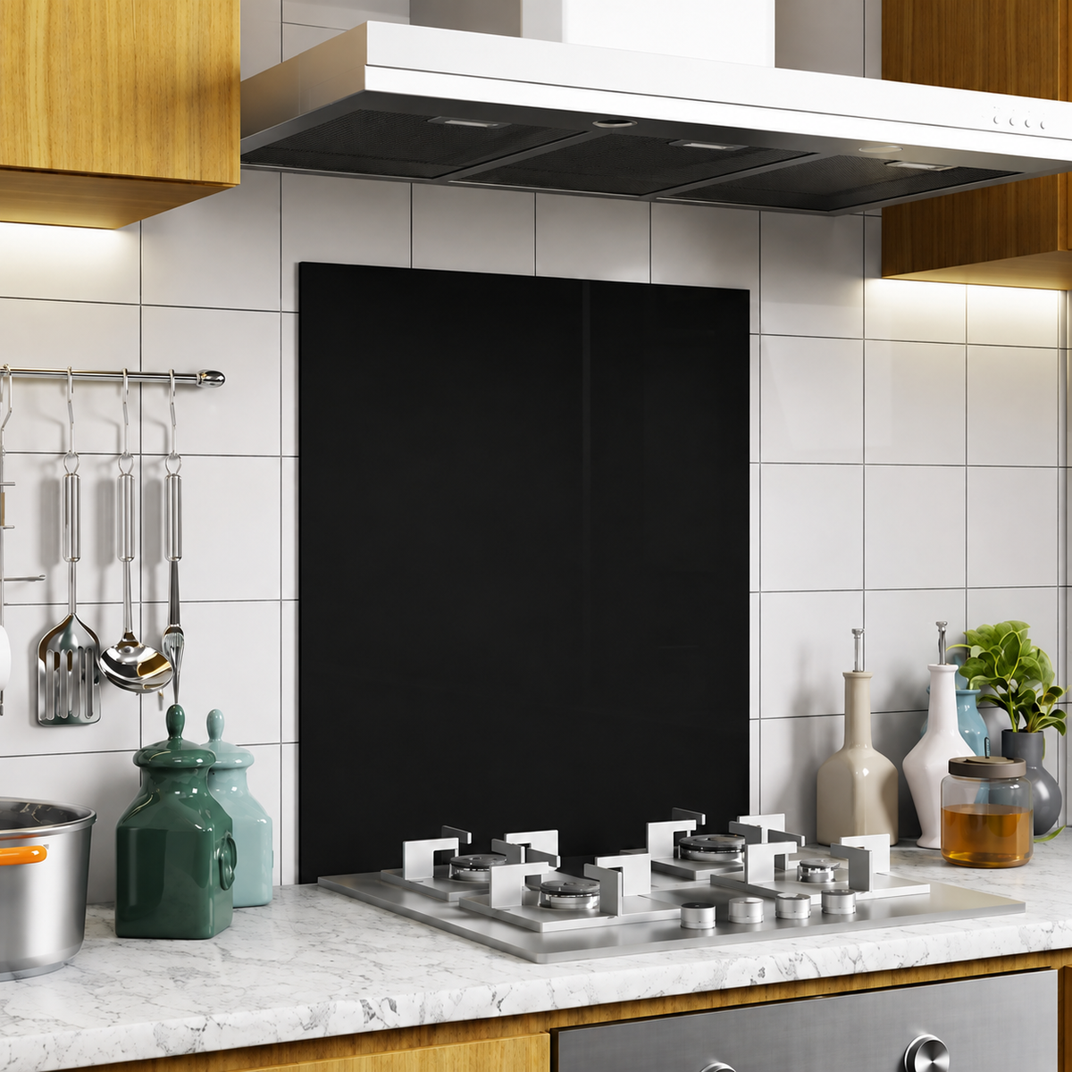 BELOFAY Black Tempered Glass Splashback for Kitchen with 6mm Toughened Glass (ADHESIVE INCLUDED)