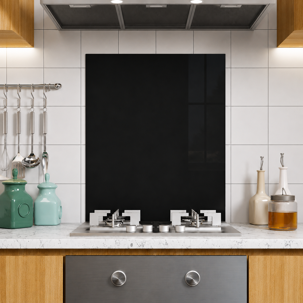 BELOFAY Black Tempered Glass Splashback for Kitchen with 6mm Toughened Glass (ADHESIVE INCLUDED)