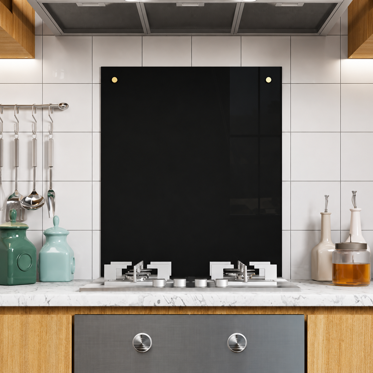 BELOFAY Black Tempered Glass Splashback for Kitchen with 6mm Toughened Glass with Holes (SCREWS INCLUDED)