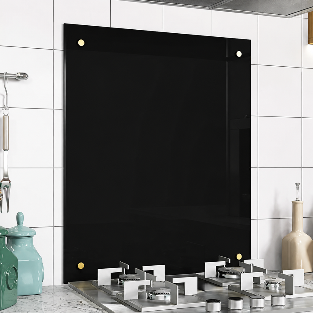BELOFAY Black Tempered Glass Splashback for Kitchen with 6mm Toughened Glass with Holes (SCREWS INCLUDED)