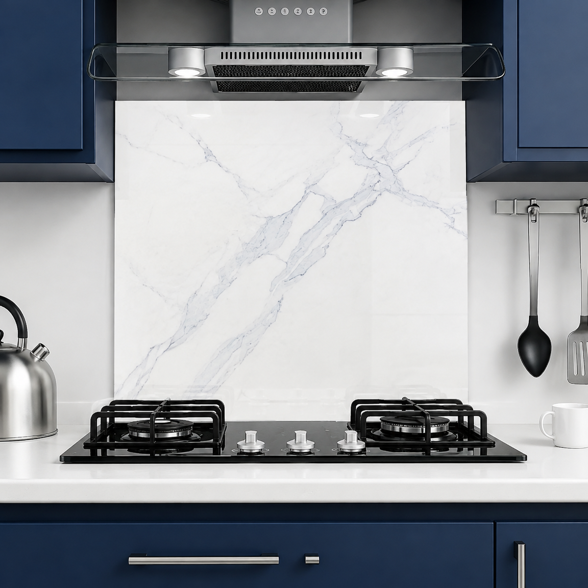 BELOFAY White Marble Tempered Glass Splashback for Kitchen with 6mm Toughened Glass (ADHESIVE INCLUDED)