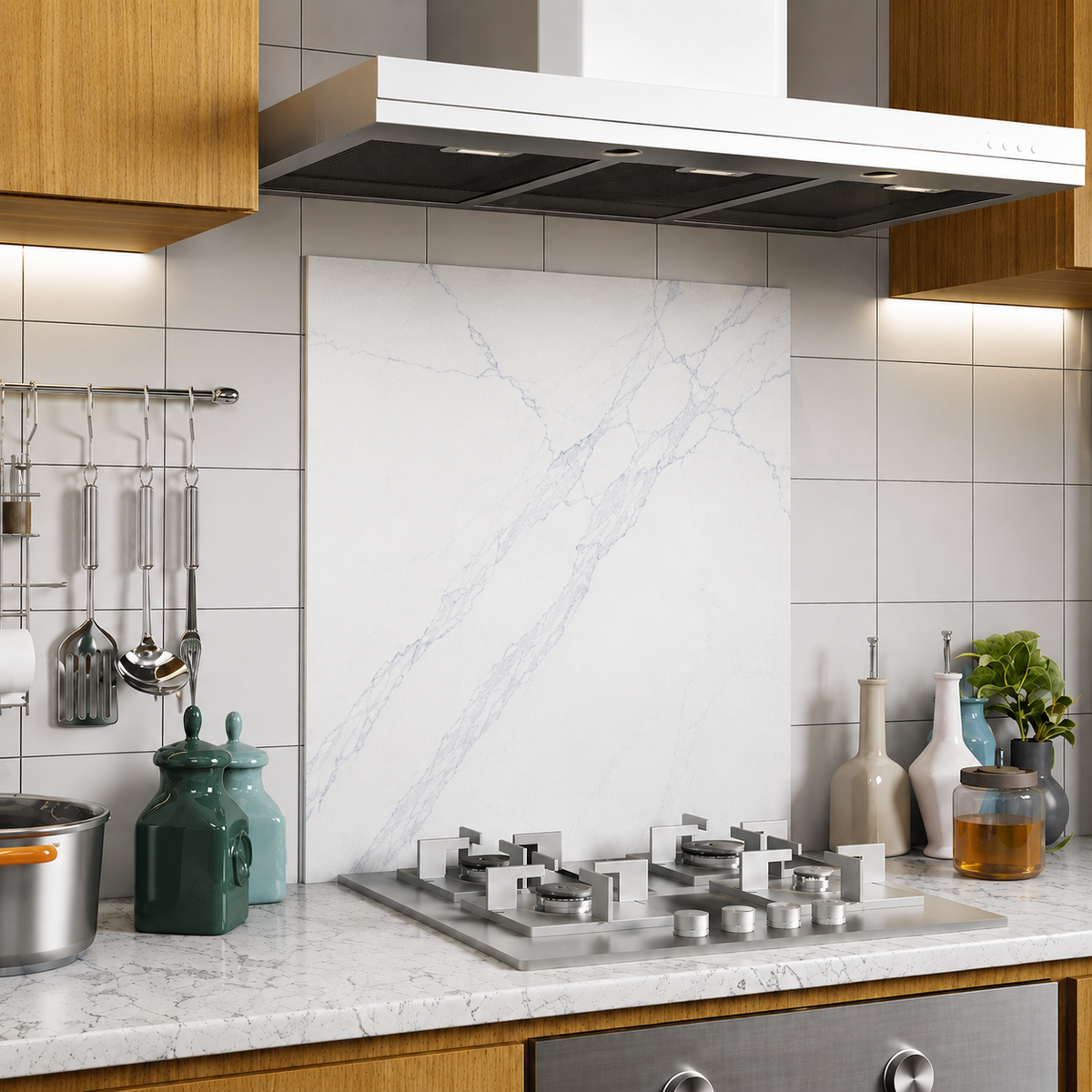BELOFAY White Marble Tempered Glass Splashback for Kitchen with 6mm Toughened Glass (ADHESIVE INCLUDED)